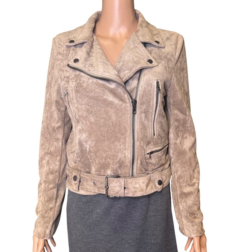 Olivaceous Womens Faux Suede Moto Jacket Taupe Tan Belted Biker Small S